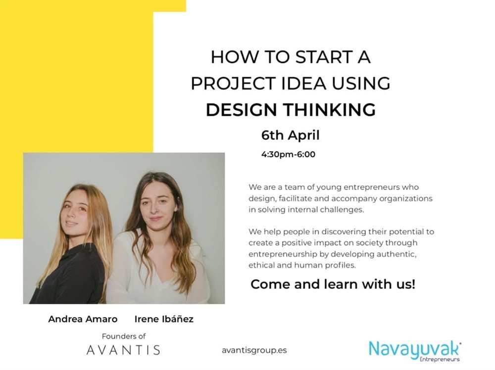 Webinar poster: how to start a project idea using design thinking, with Andrea Amaro and Irene Ibáñez of Avantis