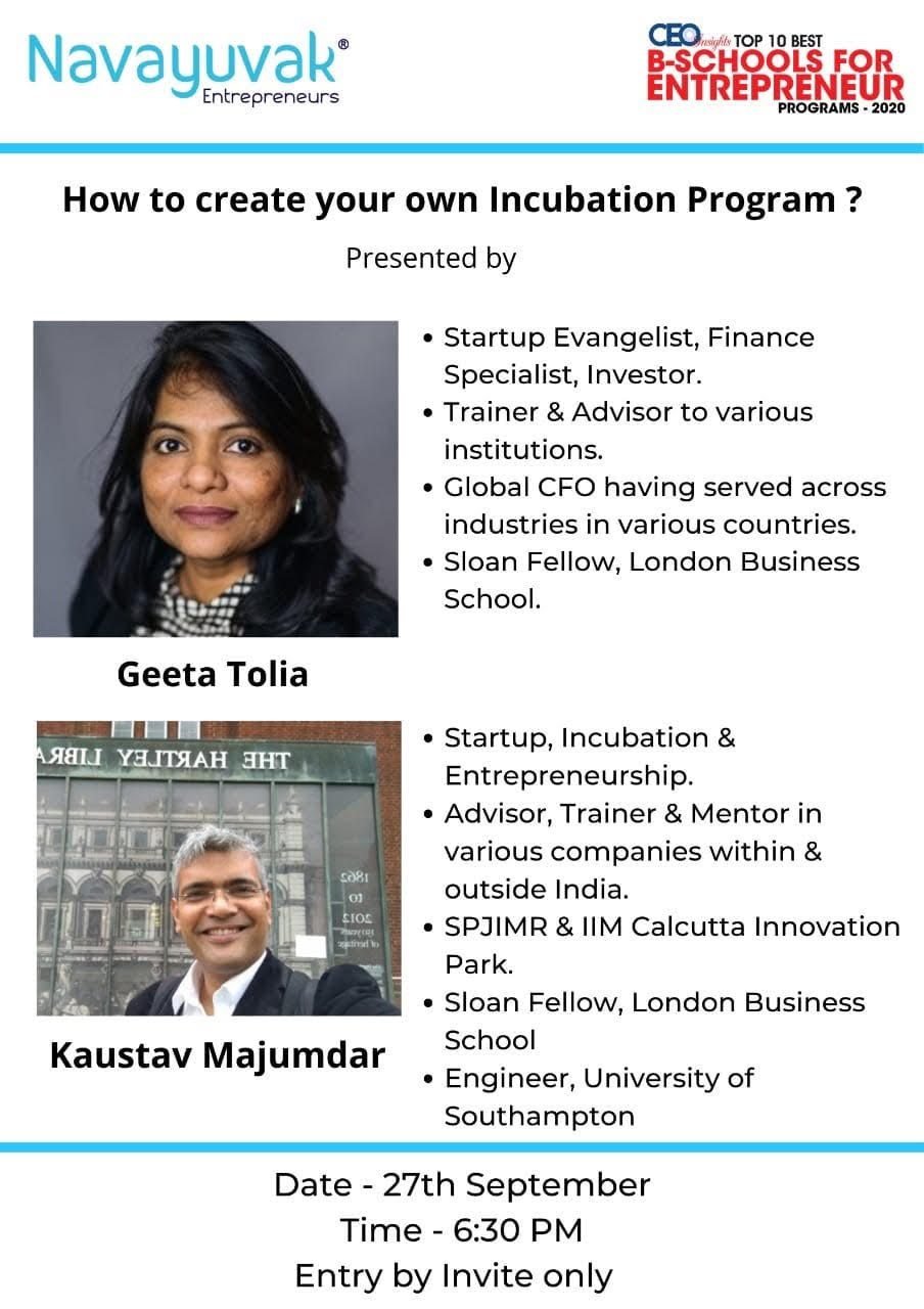 Webinar poster: how to create your own incubation program, with Geeta Tolia and Kaustav Majumdar