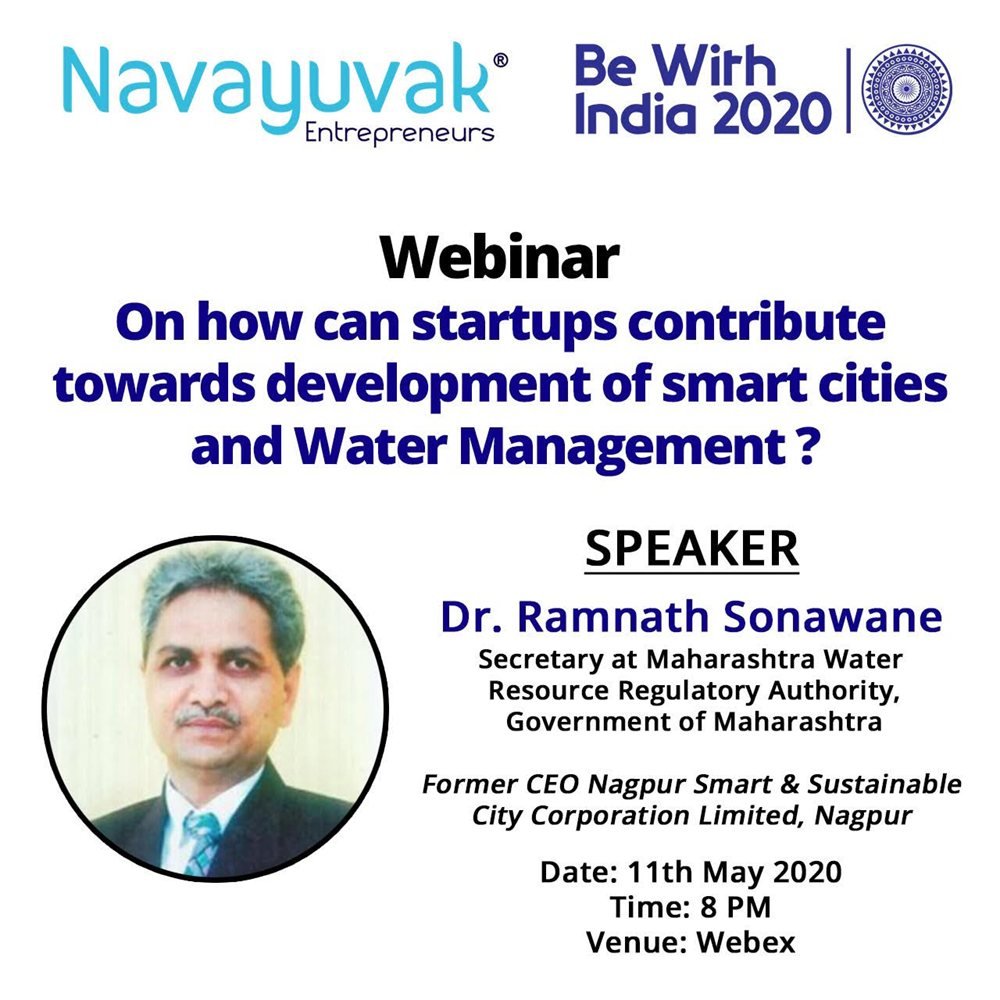 Webinar poster: how startups can contribute to smart cities and water management, with Dr. Ramnath Sonawane